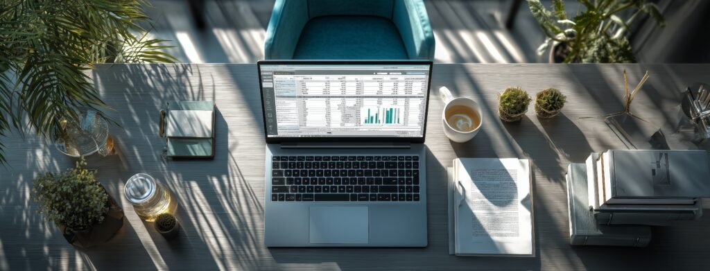 A workstation with a laptop and printed documents in a bright office
